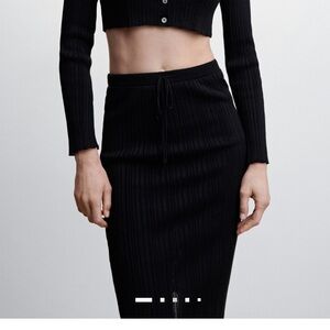 Mango Classic Black Knit Maxi Skirt with Back Slit and drawstring Detail | M